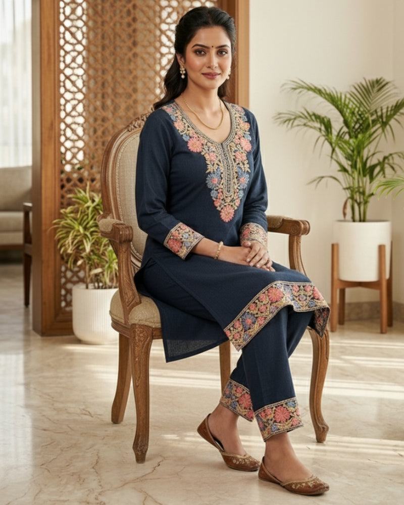 Kashmiri Embroidered Rayon Co-Ord Set - Black