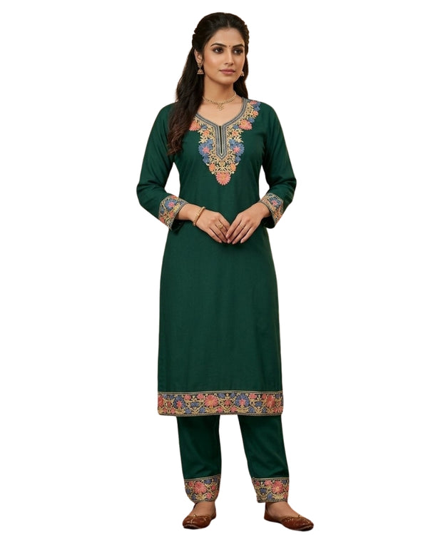 Kashmiri Embroidered Rayon Co-Ord Set - Bottle Green
