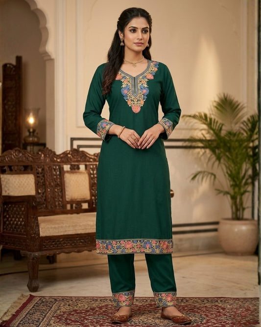 Kashmiri Embroidered Rayon Co-Ord Set - Bottle Green