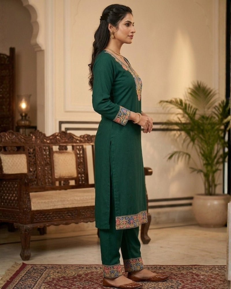 Kashmiri Embroidered Rayon Co-Ord Set - Bottle Green