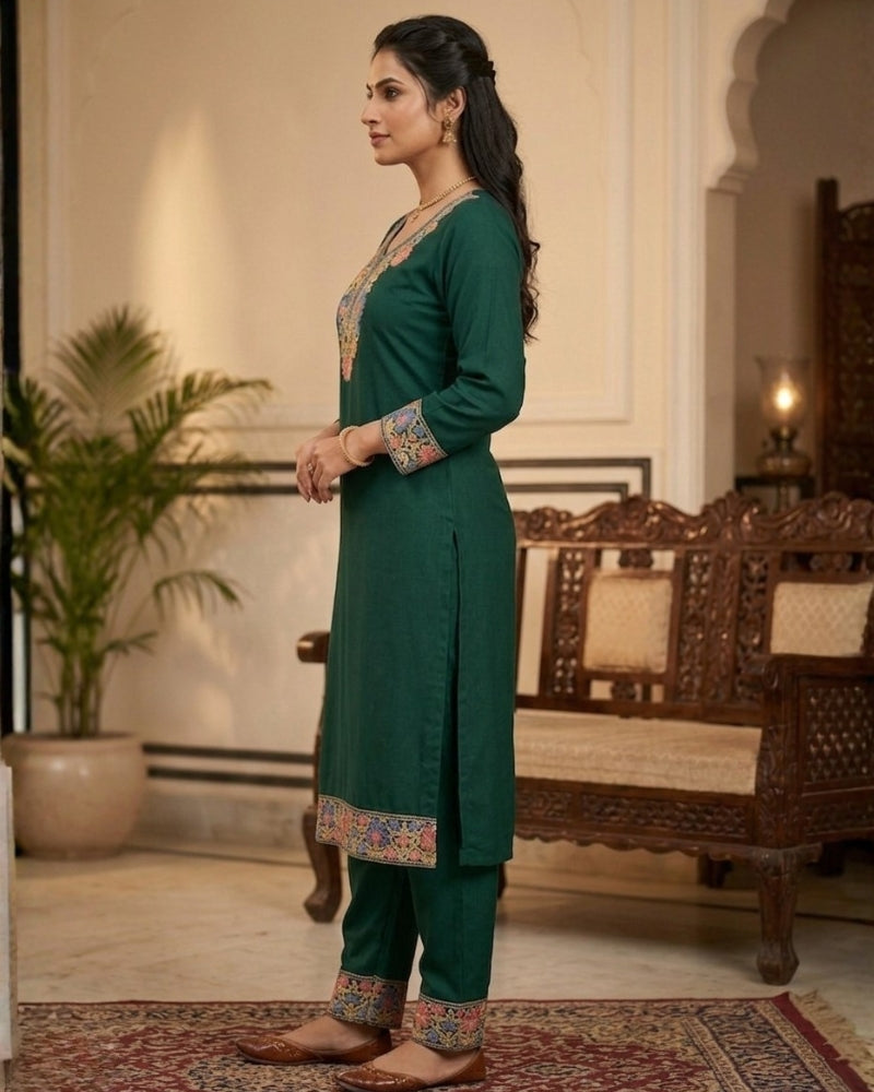 Kashmiri Embroidered Rayon Co-Ord Set - Bottle Green
