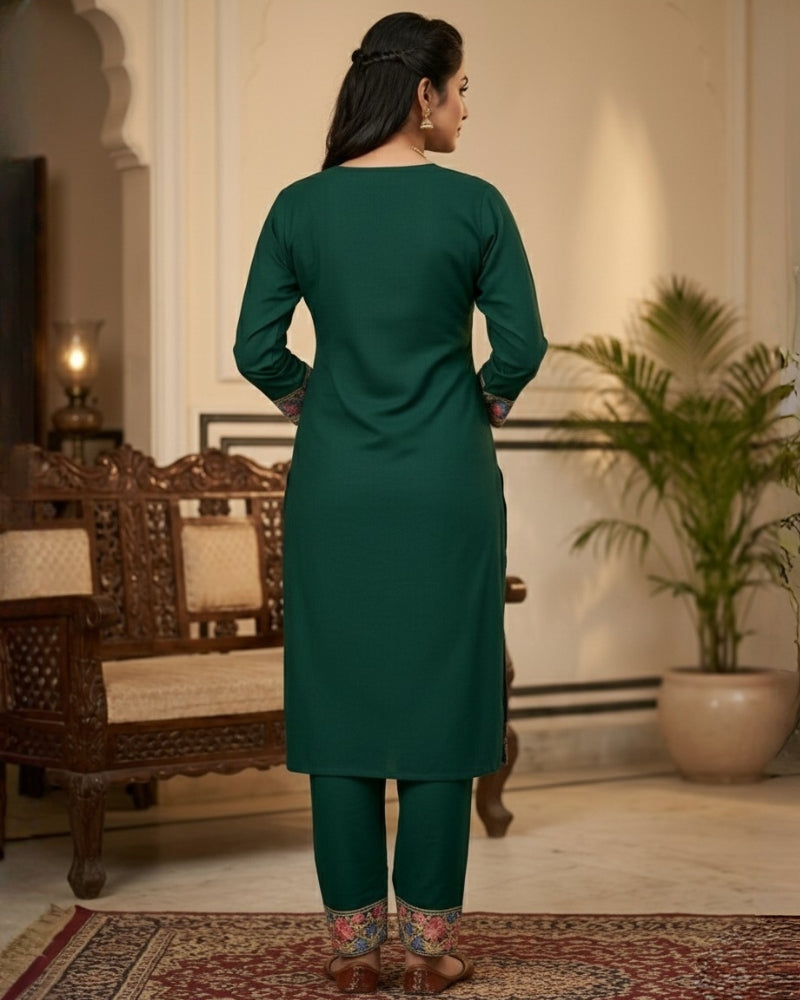 Kashmiri Embroidered Rayon Co-Ord Set - Bottle Green