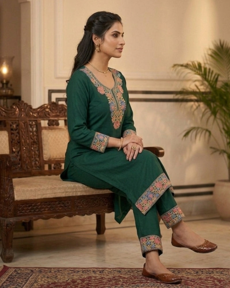 Kashmiri Embroidered Rayon Co-Ord Set - Bottle Green
