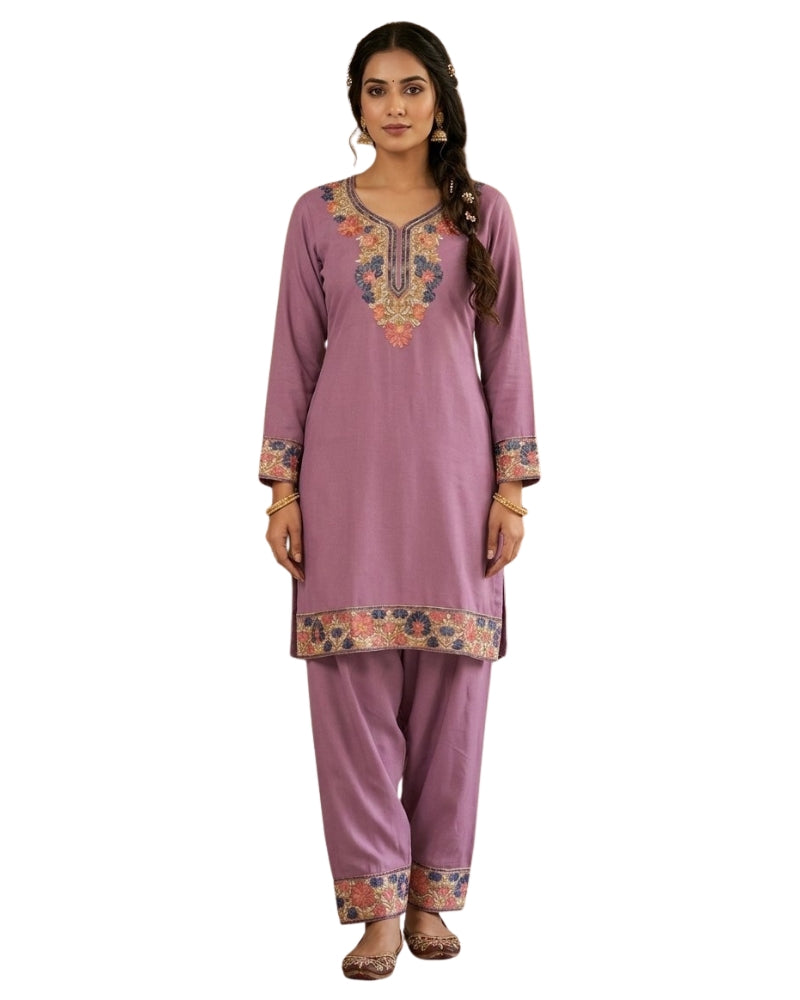 Kashmiri Embroidered Rayon Co-Ord Set - Lavender