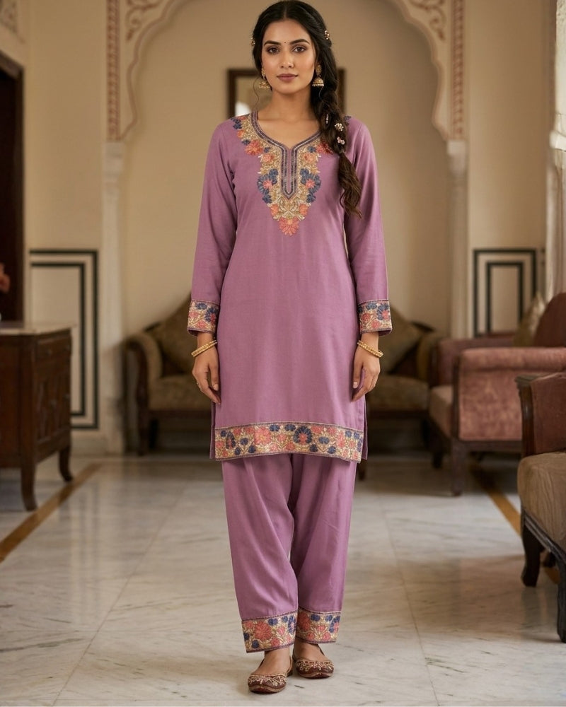 Kashmiri Embroidered Rayon Co-Ord Set - Lavender