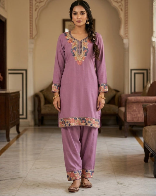 Kashmiri Embroidered Rayon Co-Ord Set - Lavender