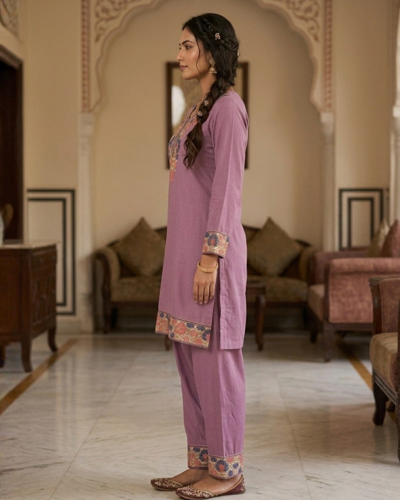 Kashmiri Embroidered Rayon Co-Ord Set - Lavender