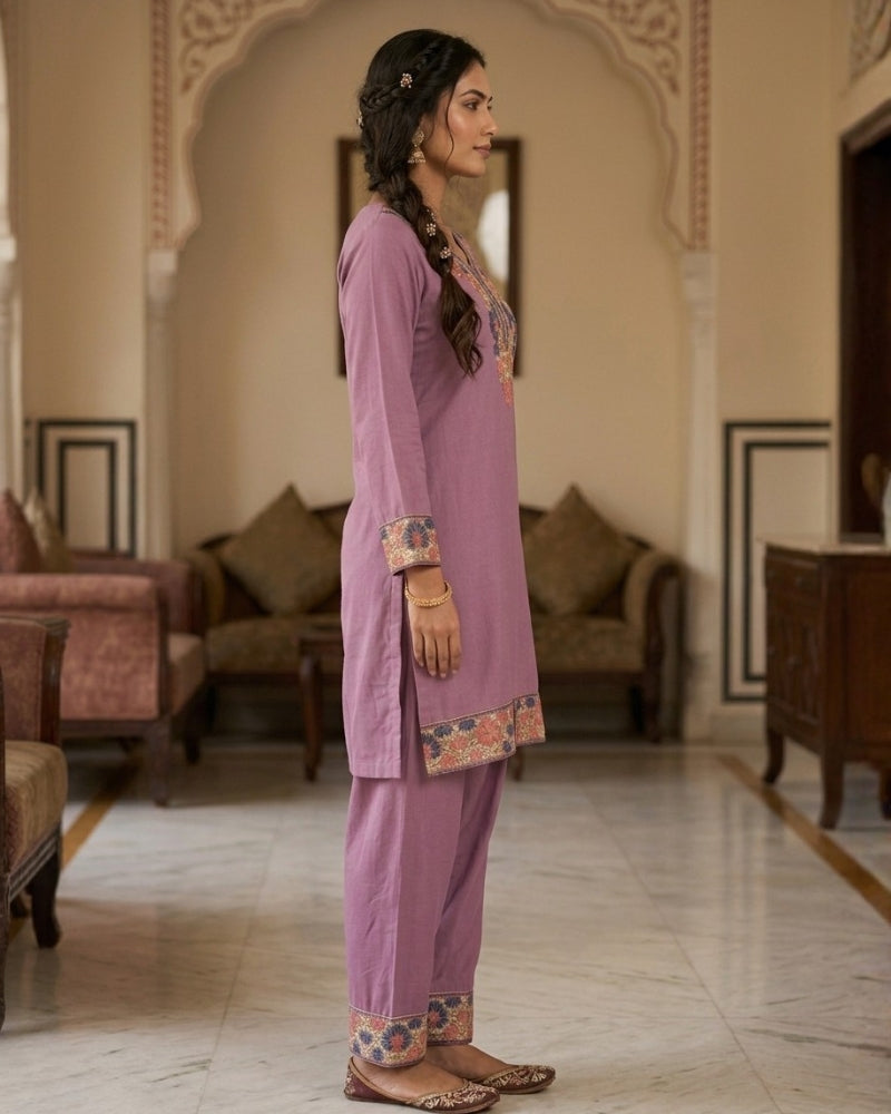 Kashmiri Embroidered Rayon Co-Ord Set - Lavender
