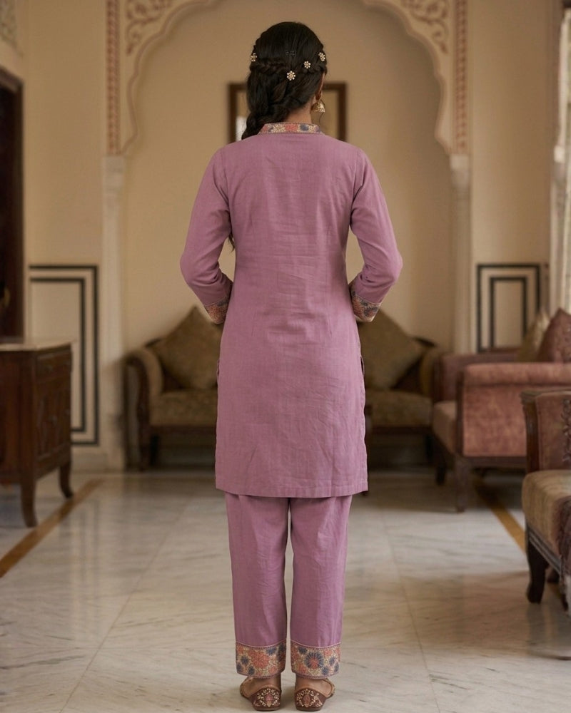 Kashmiri Embroidered Rayon Co-Ord Set - Lavender