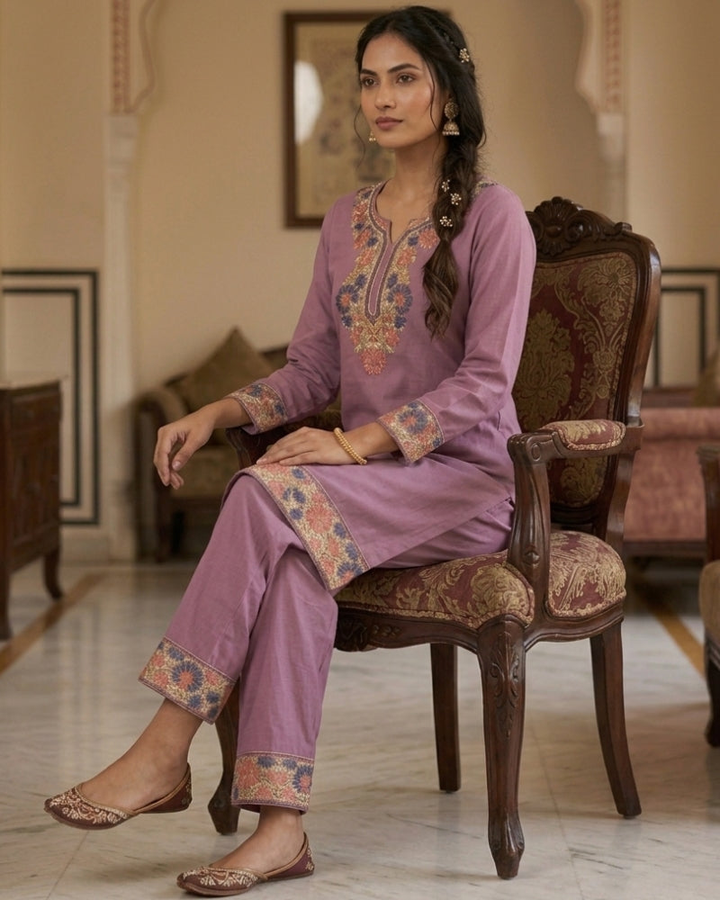 Kashmiri Embroidered Rayon Co-Ord Set - Lavender