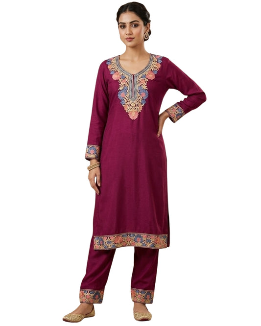 Kashmiri Embroidered Rayon Co-Ord Set - Maroon