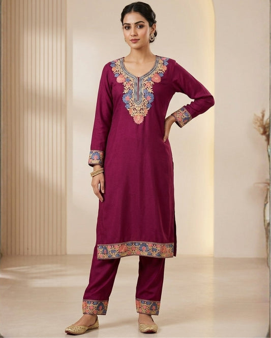 Kashmiri Embroidered Rayon Co-Ord Set - Maroon