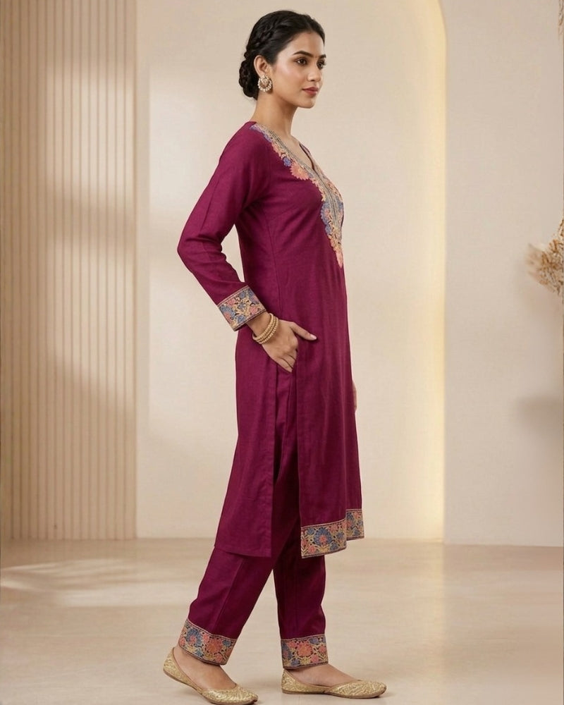 Kashmiri Embroidered Rayon Co-Ord Set - Maroon
