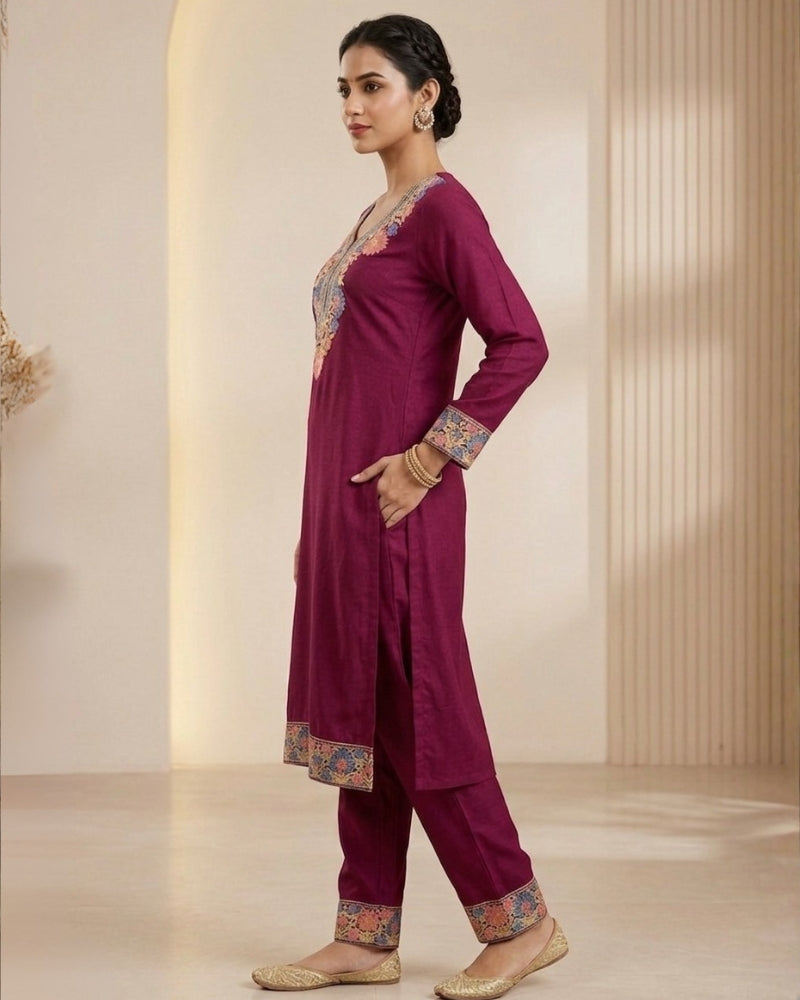 Kashmiri Embroidered Rayon Co-Ord Set - Maroon