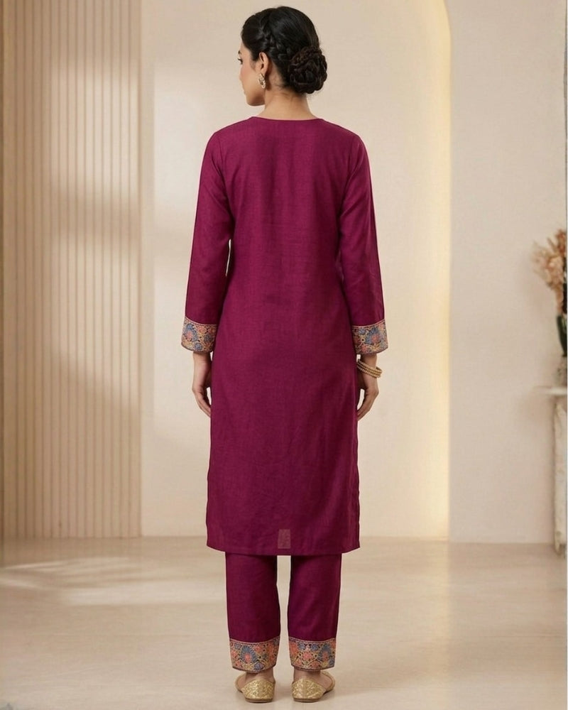 Kashmiri Embroidered Rayon Co-Ord Set - Maroon