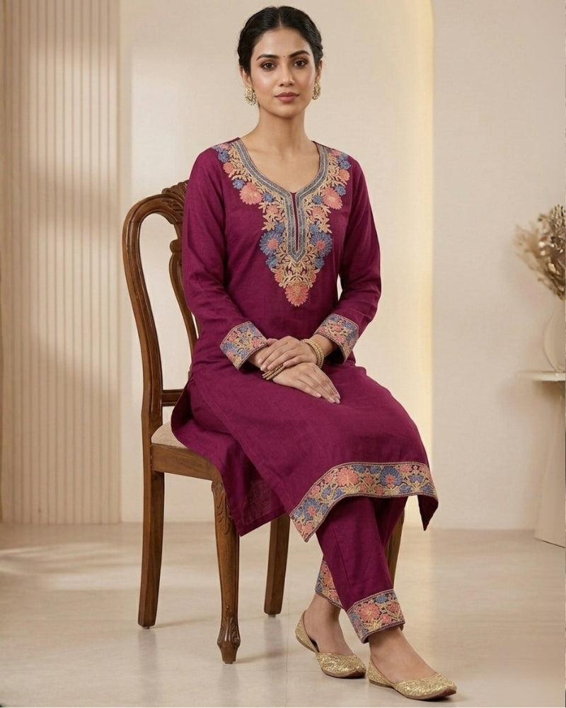 Kashmiri Embroidered Rayon Co-Ord Set - Maroon