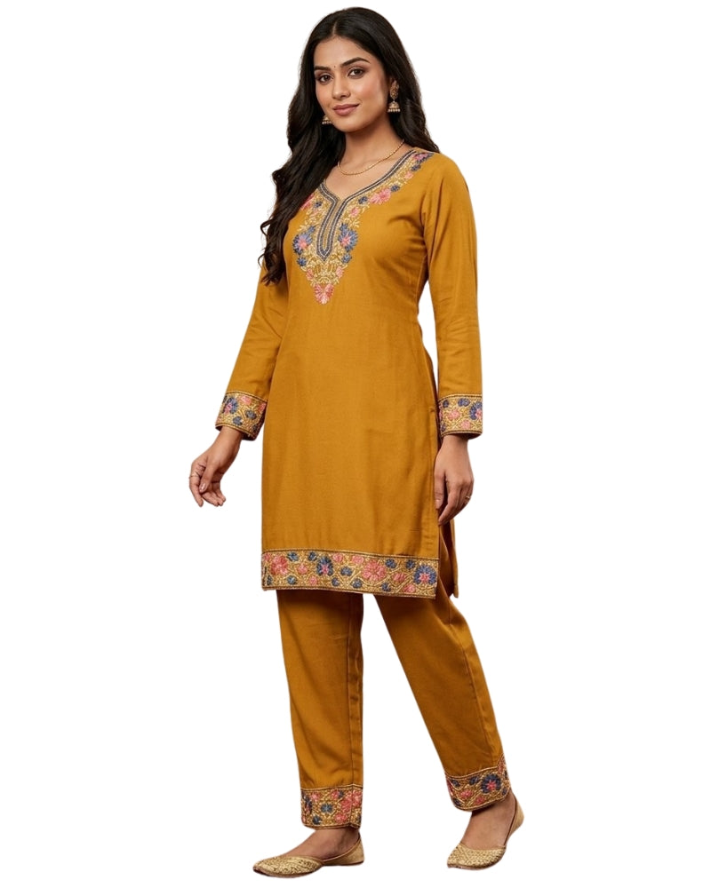 Kashmiri Embroidered Rayon Co-Ord Set - Mustard