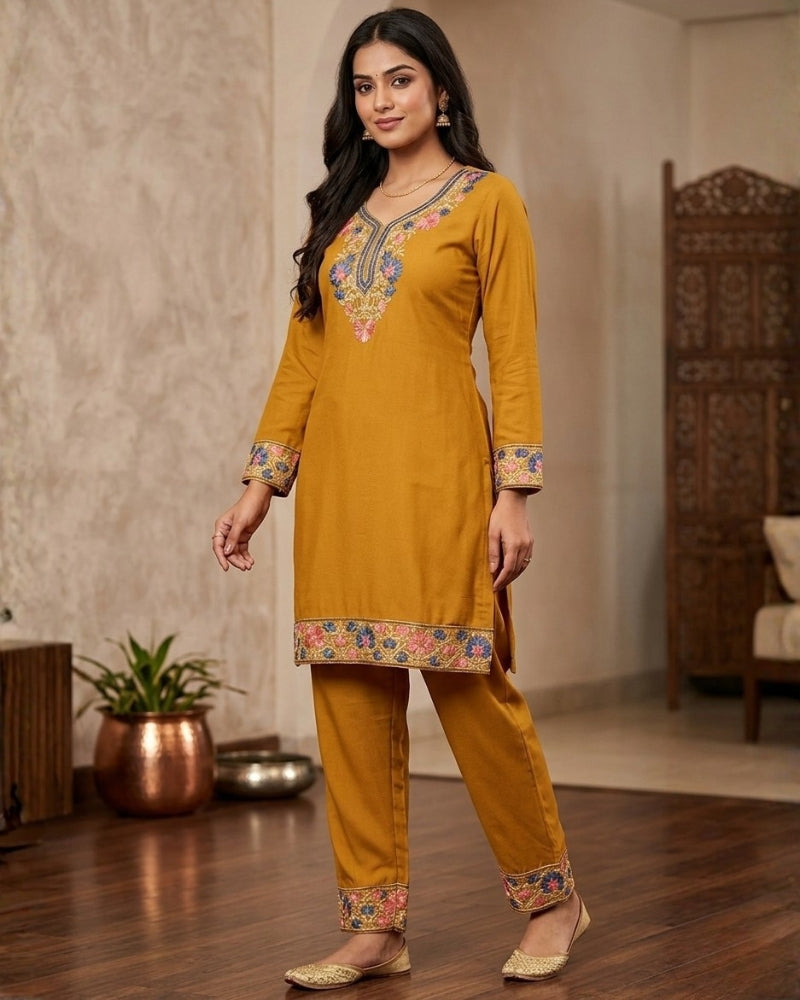 Kashmiri Embroidered Rayon Co-Ord Set - Mustard