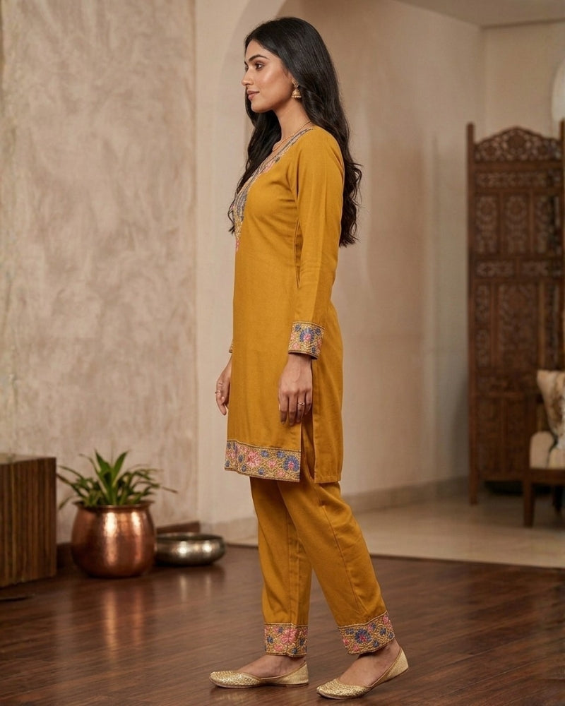 Kashmiri Embroidered Rayon Co-Ord Set - Mustard