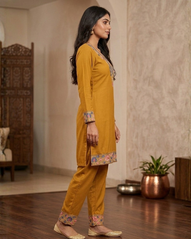 Kashmiri Embroidered Rayon Co-Ord Set - Mustard
