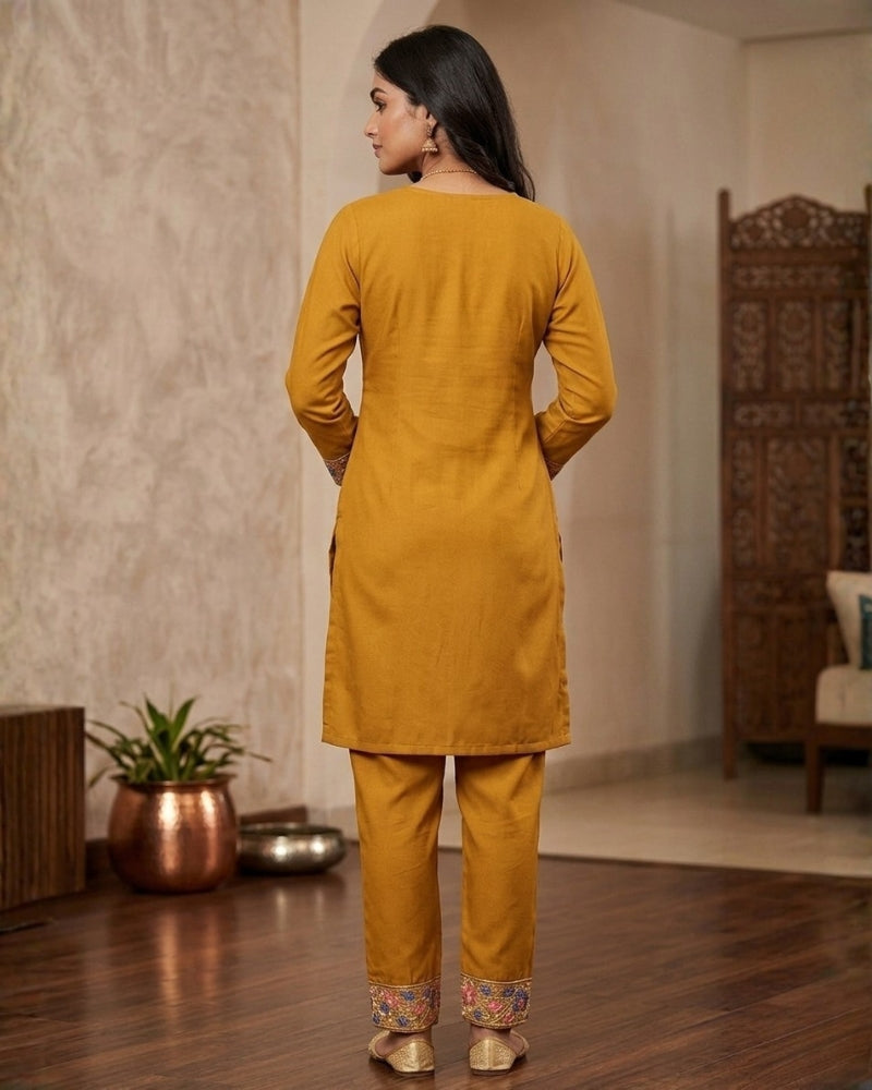 Kashmiri Embroidered Rayon Co-Ord Set - Mustard
