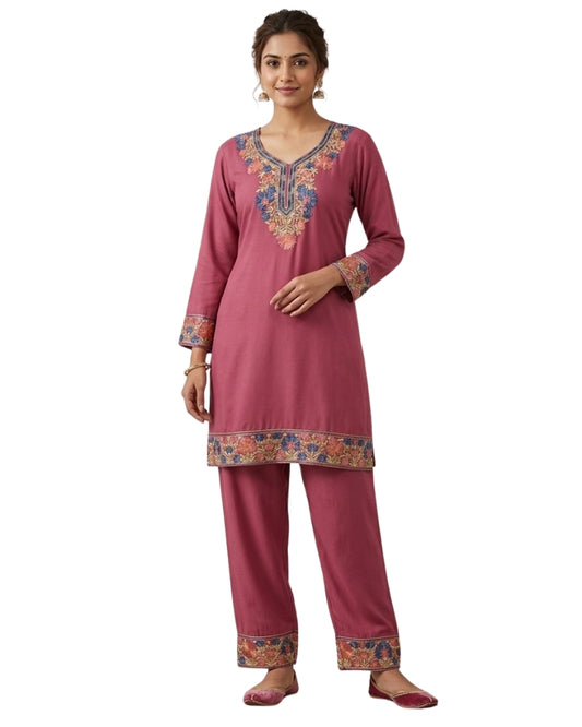 Kashmiri Embroidered Rayon Co-Ord Set - Pink