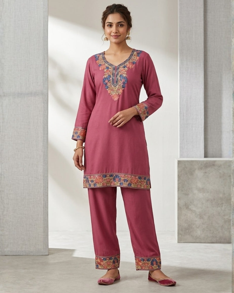 Kashmiri Embroidered Rayon Co-Ord Set - Pink