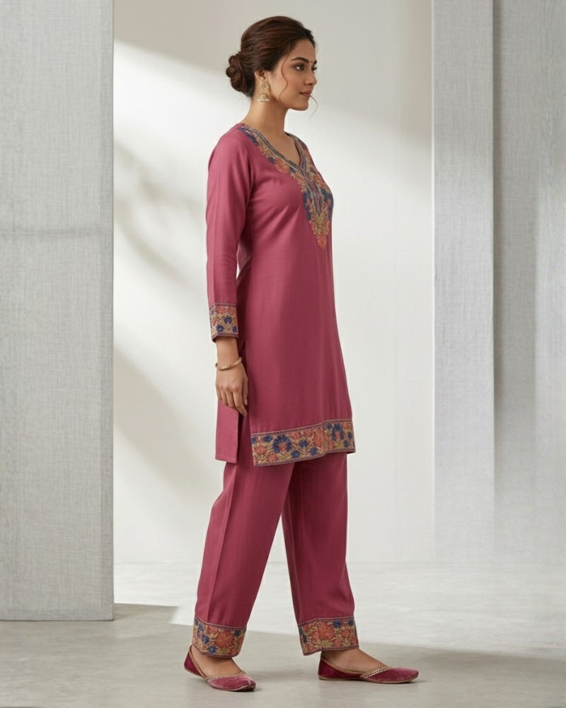 Kashmiri Embroidered Rayon Co-Ord Set - Pink