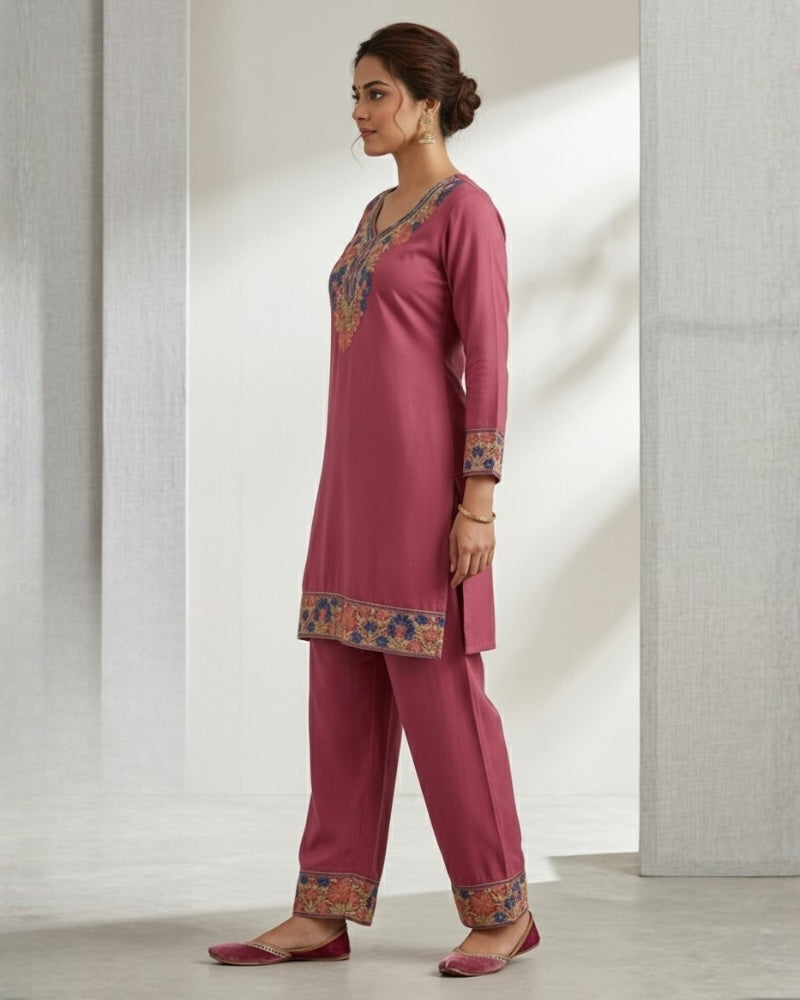 Kashmiri Embroidered Rayon Co-Ord Set - Pink