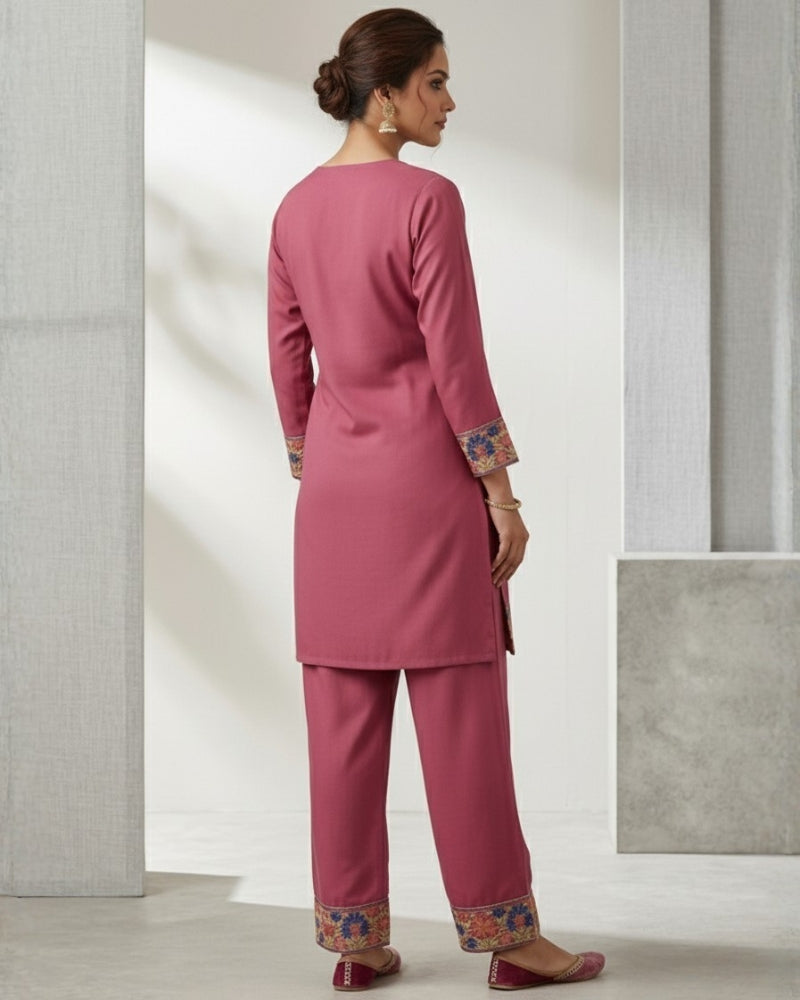 Kashmiri Embroidered Rayon Co-Ord Set - Pink