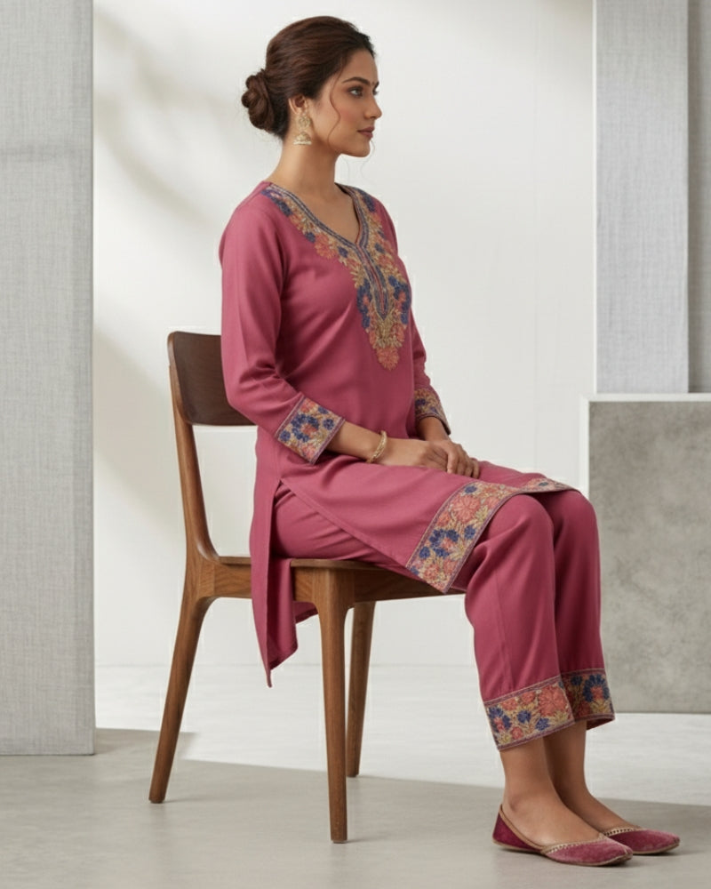Kashmiri Embroidered Rayon Co-Ord Set - Pink