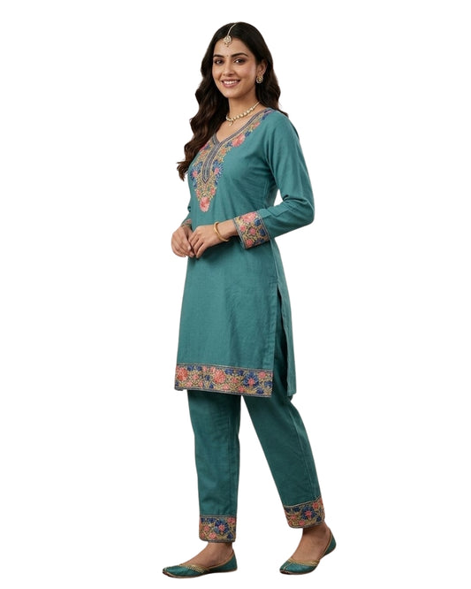 Kashmiri Embroidered Rayon Co-Ord Set - Teal