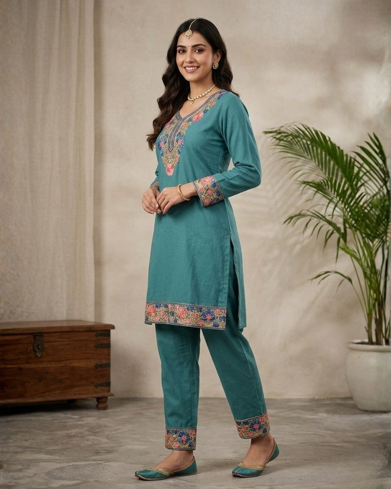 Kashmiri Embroidered Rayon Co-Ord Set - Teal