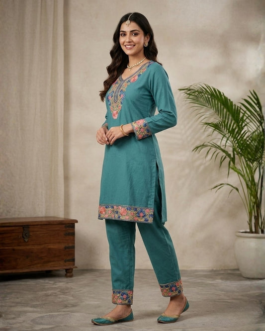 Kashmiri Embroidered Rayon Co-Ord Set - Teal