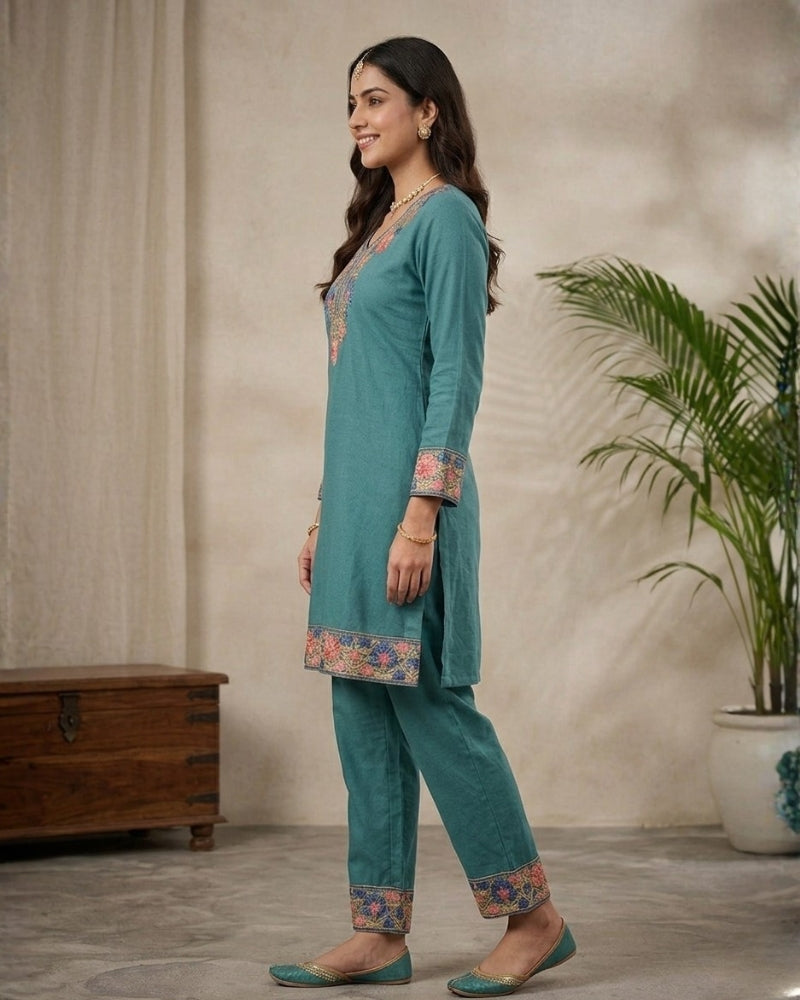 Kashmiri Embroidered Rayon Co-Ord Set - Teal