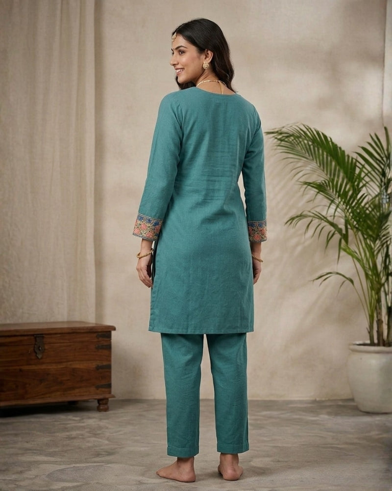 Kashmiri Embroidered Rayon Co-Ord Set - Teal