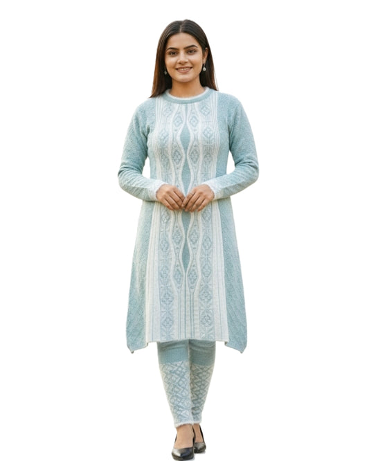 Full Sleeve Knee Length Hair Wool Fabric Sea Green Color 3 PC Kurti Set For Women