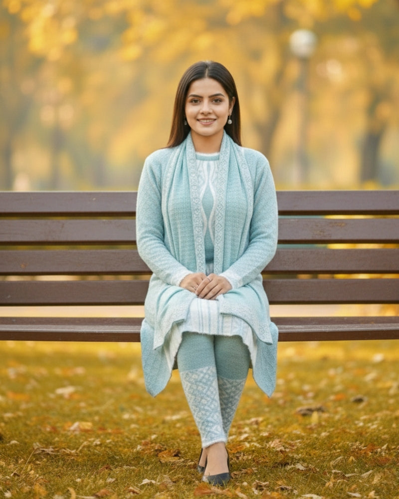 Full Sleeve Knee Length Hair Wool Fabric Sea Green Color 3 PC Kurti Set For Women