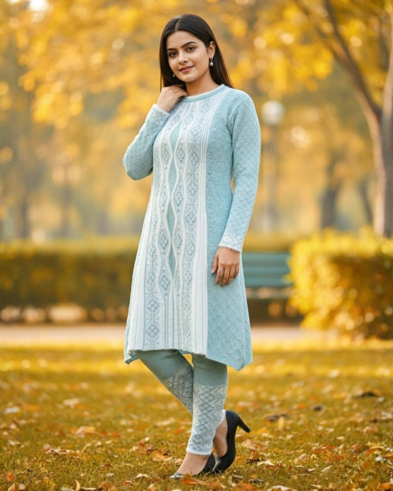 Full Sleeve Knee Length Hair Wool Fabric Sea Green Color 3 PC Kurti Set For Women