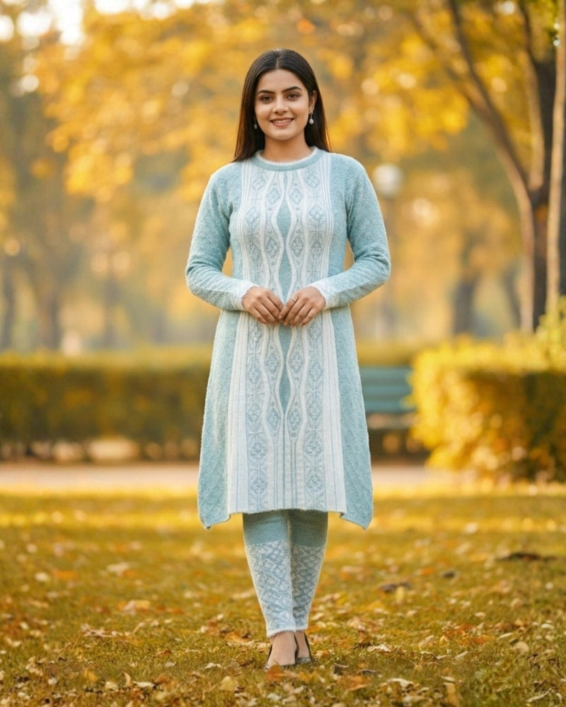 Hair Wool Fabric 3 PC Kurti Set -  Sky Blue