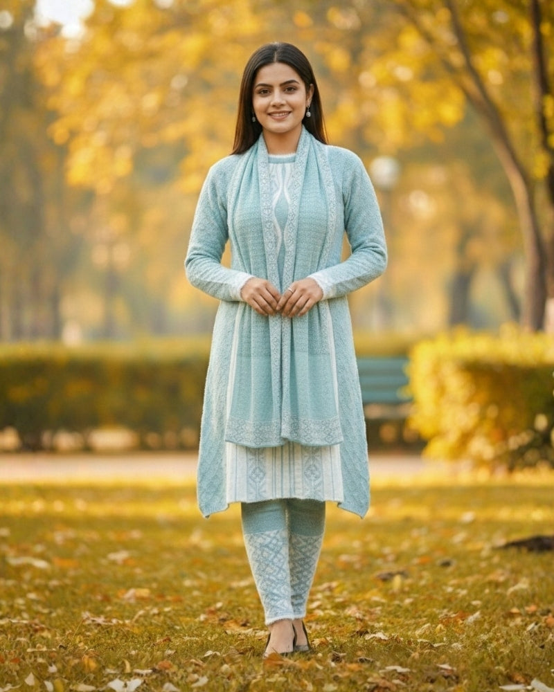 Full Sleeve Knee Length Hair Wool Fabric Sea Green Color 3 PC Kurti Set For Women