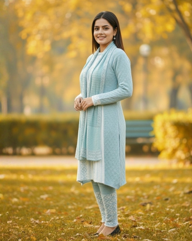 Full Sleeve Knee Length Hair Wool Fabric Sea Green Color 3 PC Kurti Set For Women