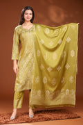 Woolen Unstitched Suit Set Weaving Design - Olive Gold