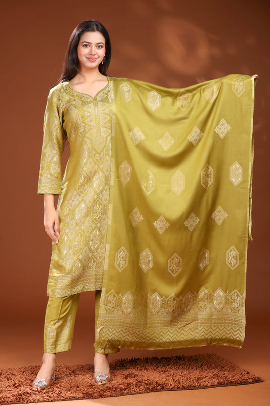KRITI Woolen Unstitched Suit Set Weaving Design Olive Color For Women