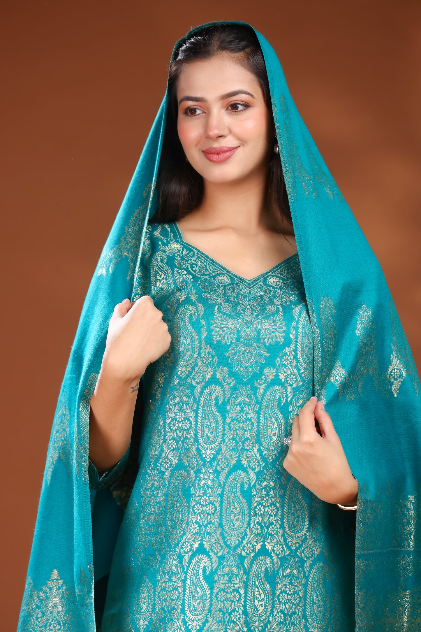 KRITI Woolen Unstitched Suit Set Weaving Design Teal Color For Women