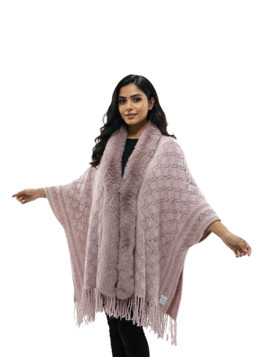 महिलाओं के लिए प्रीमियम फॉक्स फर ट्रिम ऊन रैप | सुरुचिपूर्ण ओवरसाइज़्ड विंटर पोंचो | आदर्श उपहार