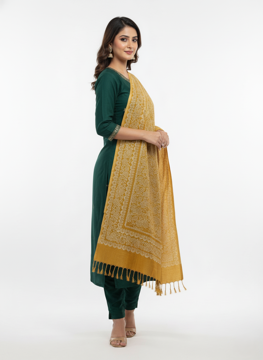 KRITI Floral Design Warm Woolen Yellow Color Shawl for Women