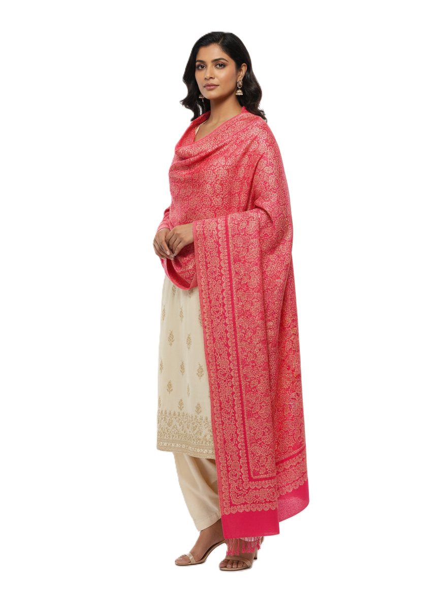 KRITI Floral Design Warm Woolen Pink Color Shawl for Women