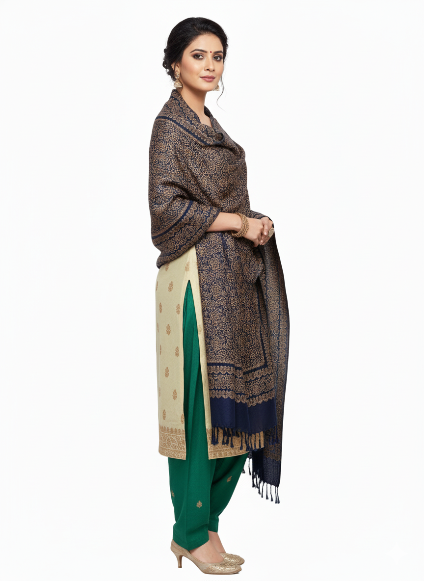 KRITI Floral Design Warm Woolen Navy Color Shawl for Women