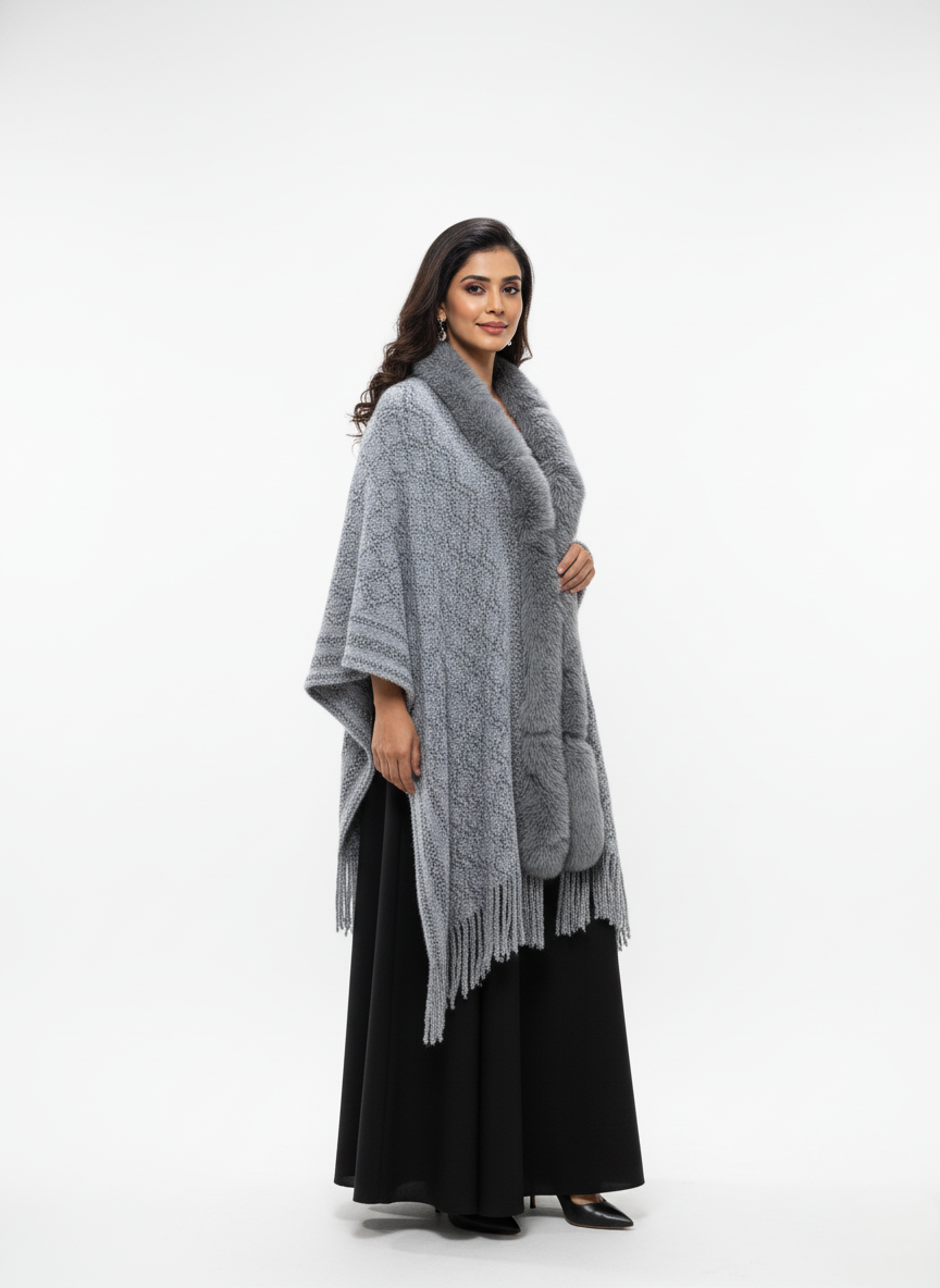 महिलाओं के लिए प्रीमियम फॉक्स फर ट्रिम ऊन रैप | सुरुचिपूर्ण ओवरसाइज़्ड विंटर पोंचो | आदर्श उपहार